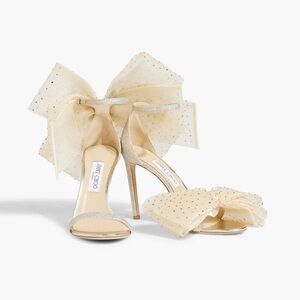 JIMMY CHOO Ivory Gold Aveline 100 bow Crystal embellished bow sandals EU 38.5